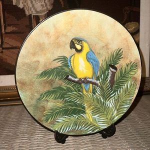 hand painted decorative plate - blue and gold macaw